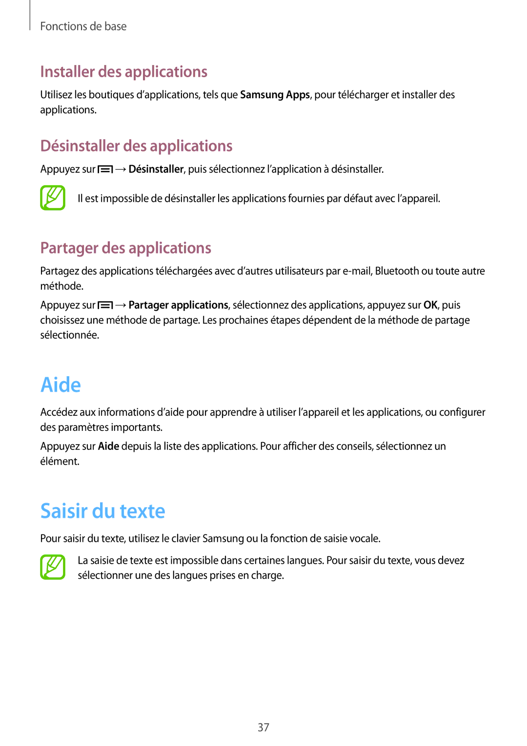 Samsung GT-N5100ZWAXEF manual Aide, Saisir du texte, Installer des applications, Désinstaller des applications 