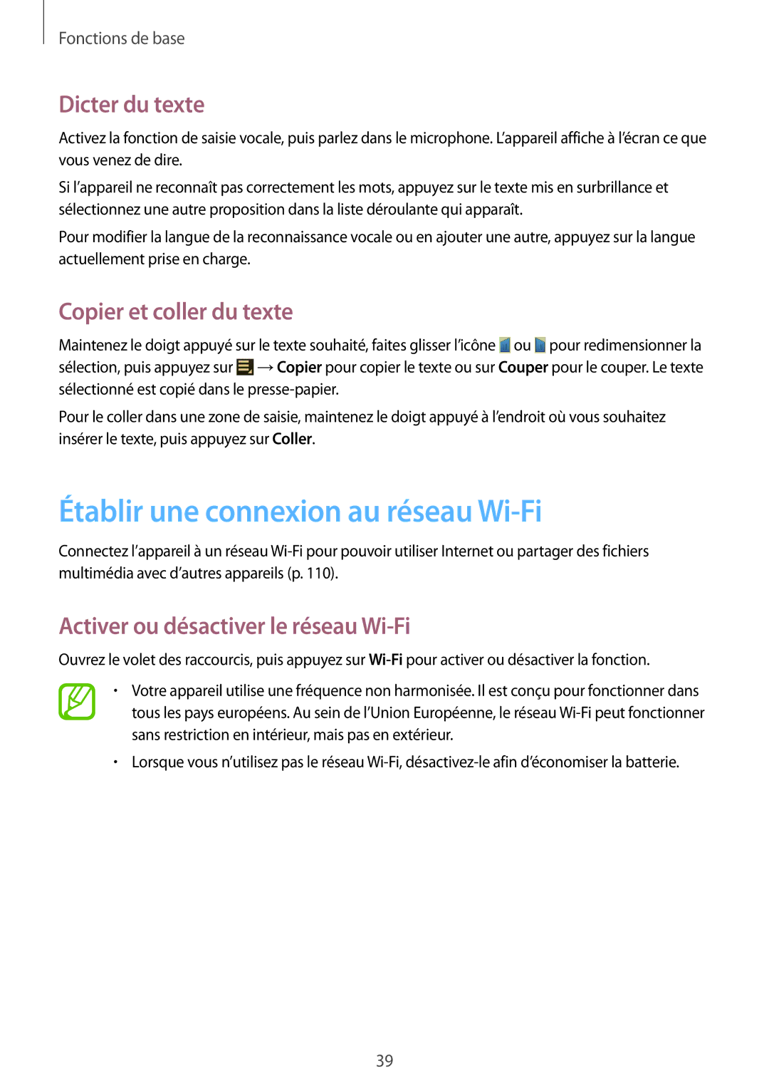 Samsung GT-N5100ZWAXEF manual Établir une connexion au réseau Wi-Fi, Dicter du texte, Copier et coller du texte 