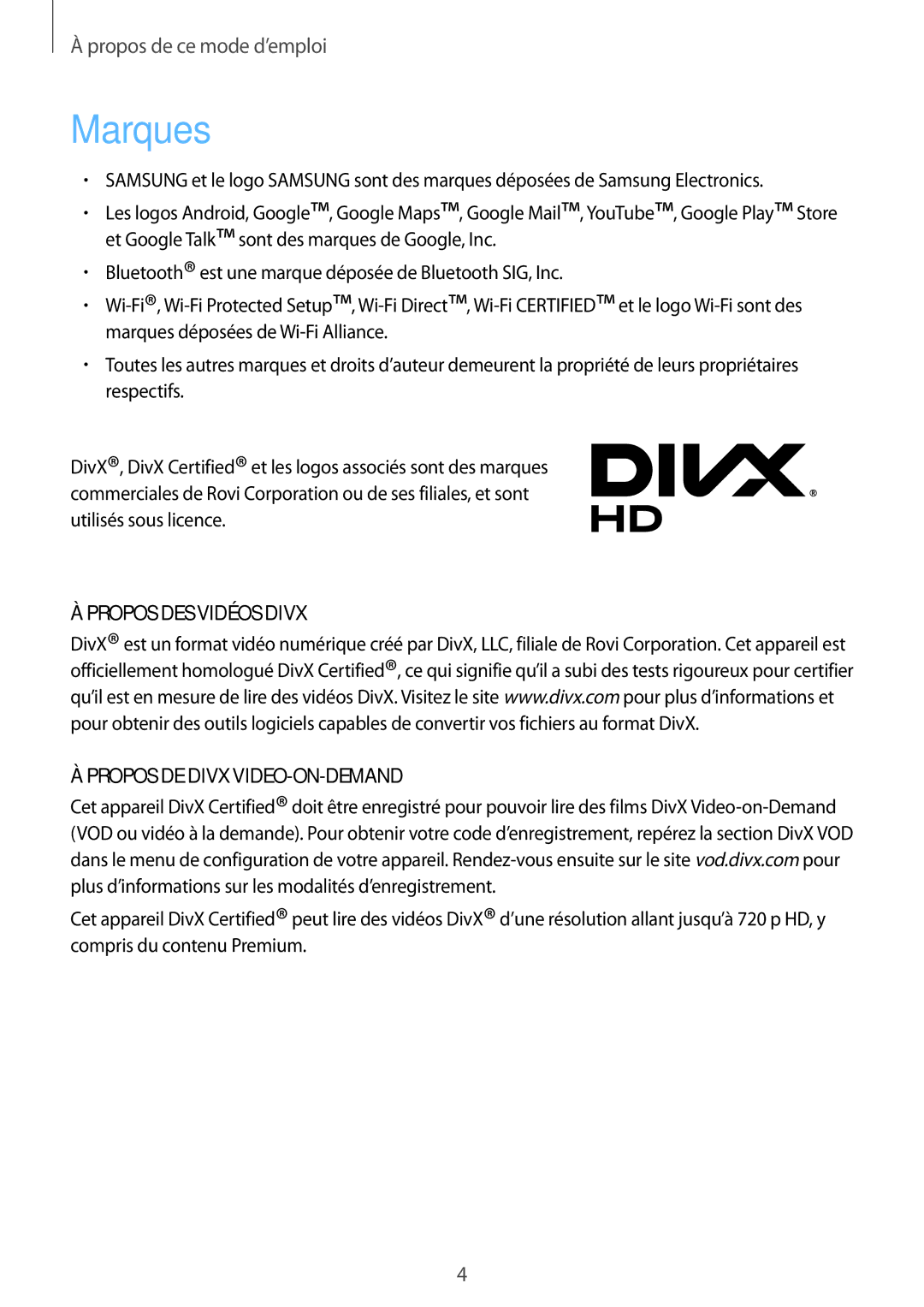 Samsung GT-N5100ZWAXEF manual Marques, Propos DES Vidéos Divx Propos DE Divx VIDEO-ON-DEMAND 
