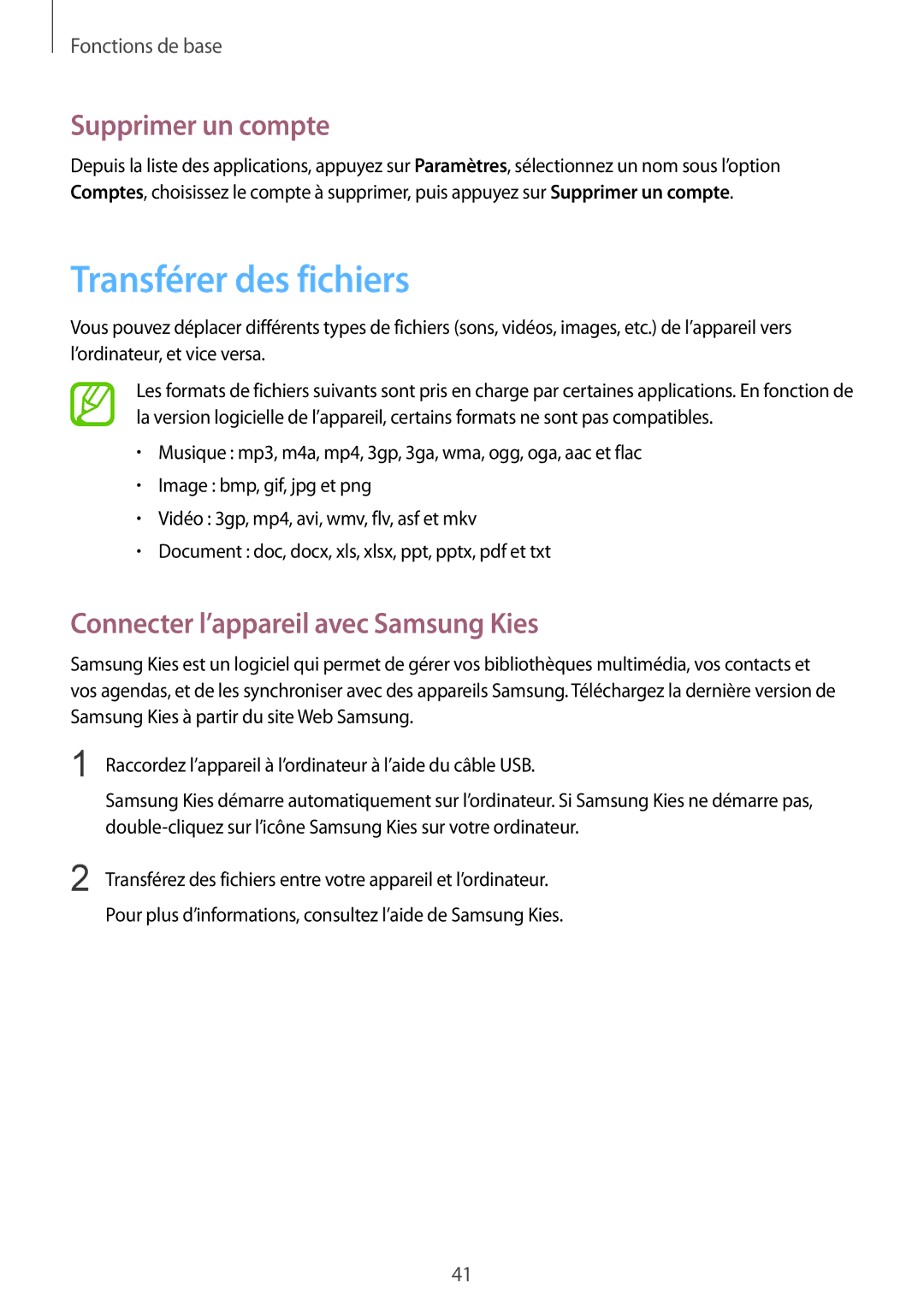 Samsung GT-N5100ZWAXEF manual Transférer des fichiers, Supprimer un compte, Connecter l’appareil avec Samsung Kies 