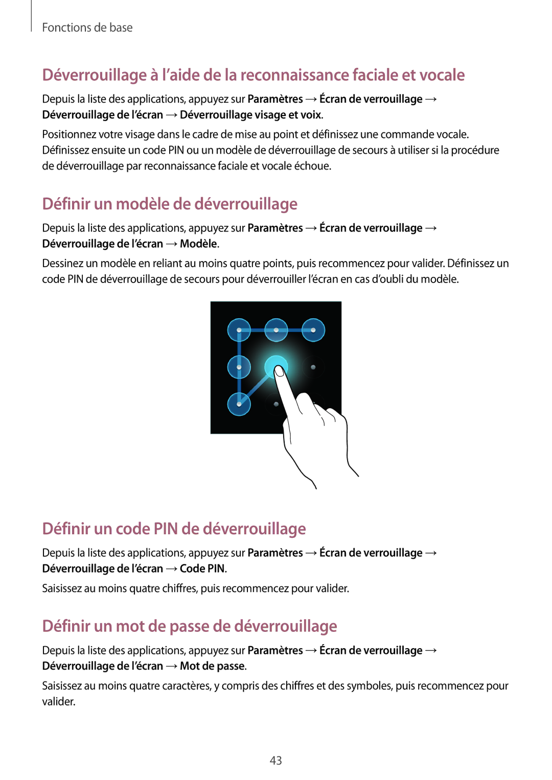 Samsung GT-N5100ZWAXEF manual Définir un modèle de déverrouillage, Définir un code PIN de déverrouillage 