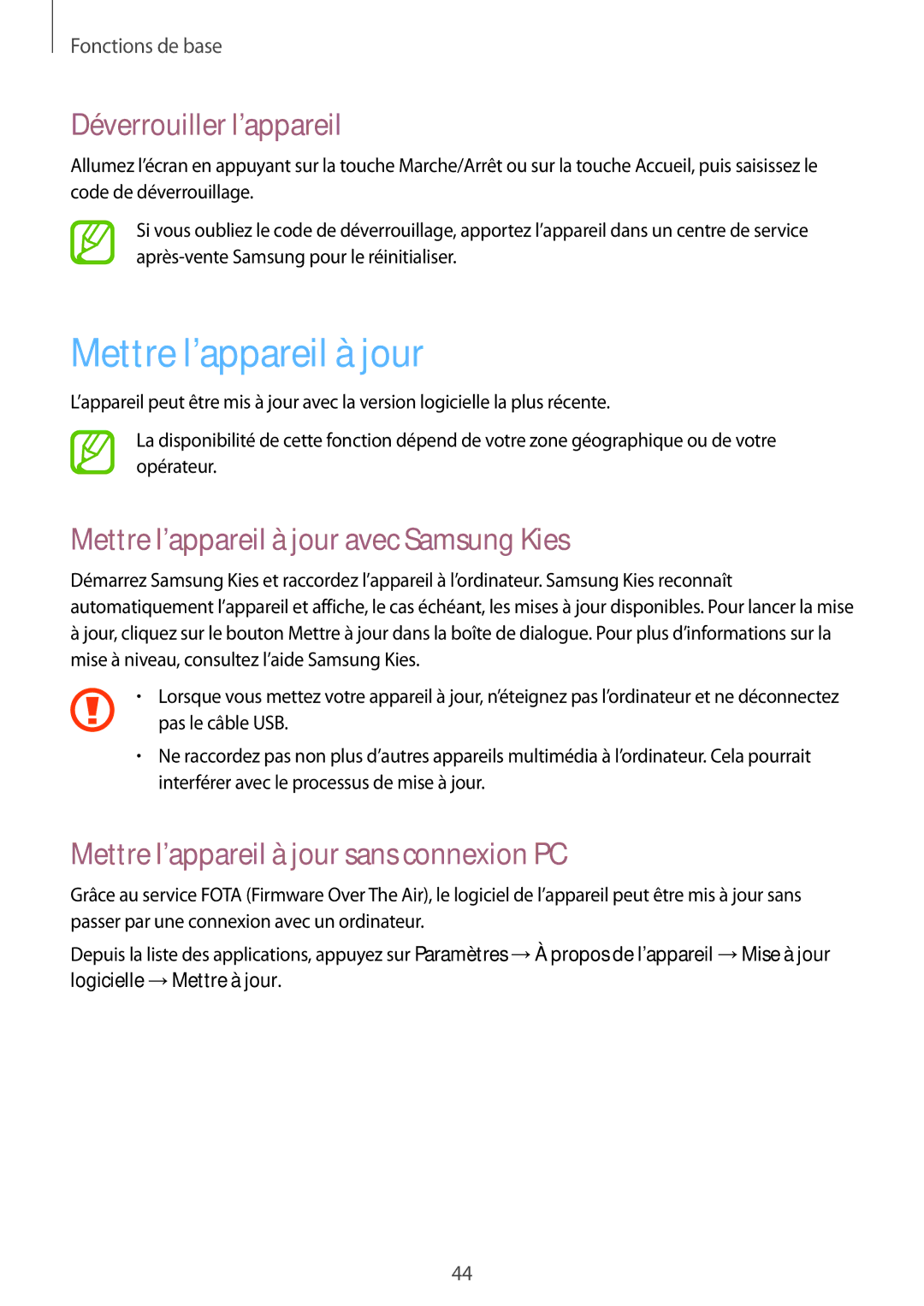 Samsung GT-N5100ZWAXEF manual Déverrouiller l’appareil, Mettre l’appareil à jour avec Samsung Kies 