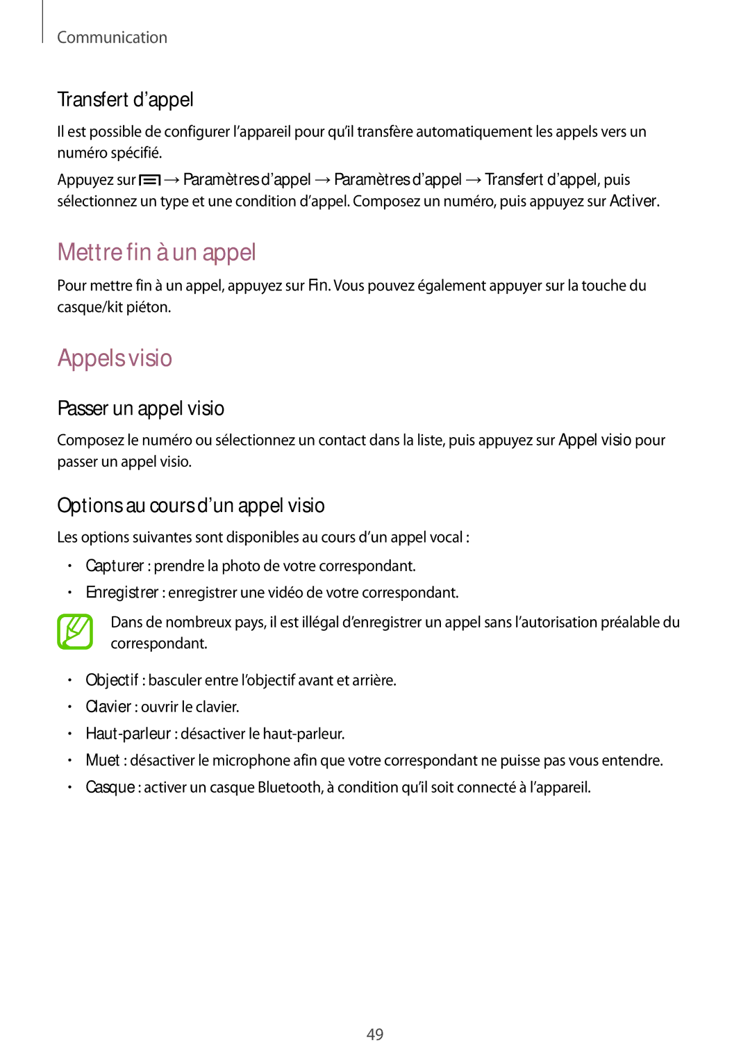 Samsung GT-N5100ZWAXEF manual Mettre fin à un appel, Appels visio, Transfert d’appel, Passer un appel visio 