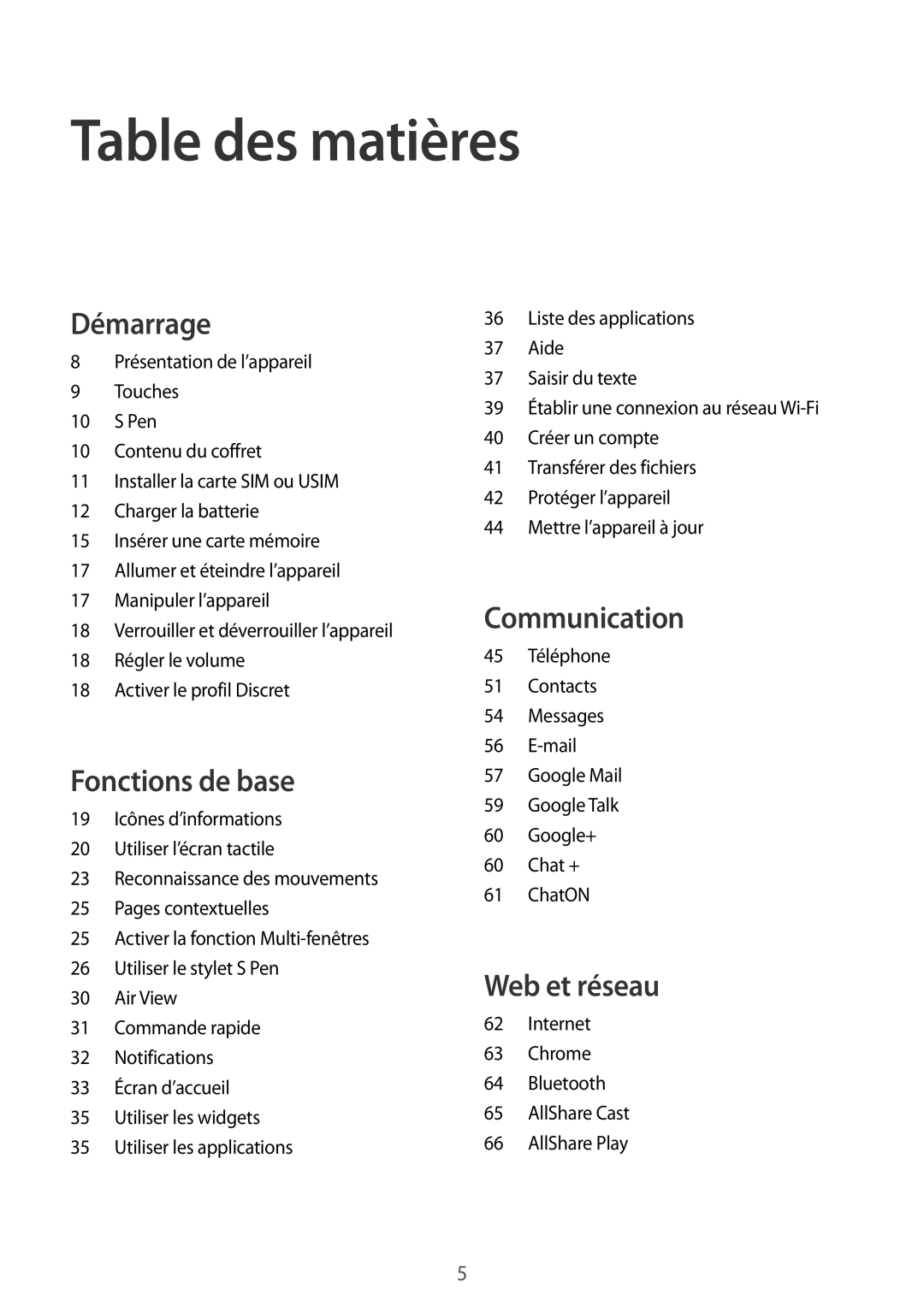 Samsung GT-N5100ZWAXEF manual Table des matières 