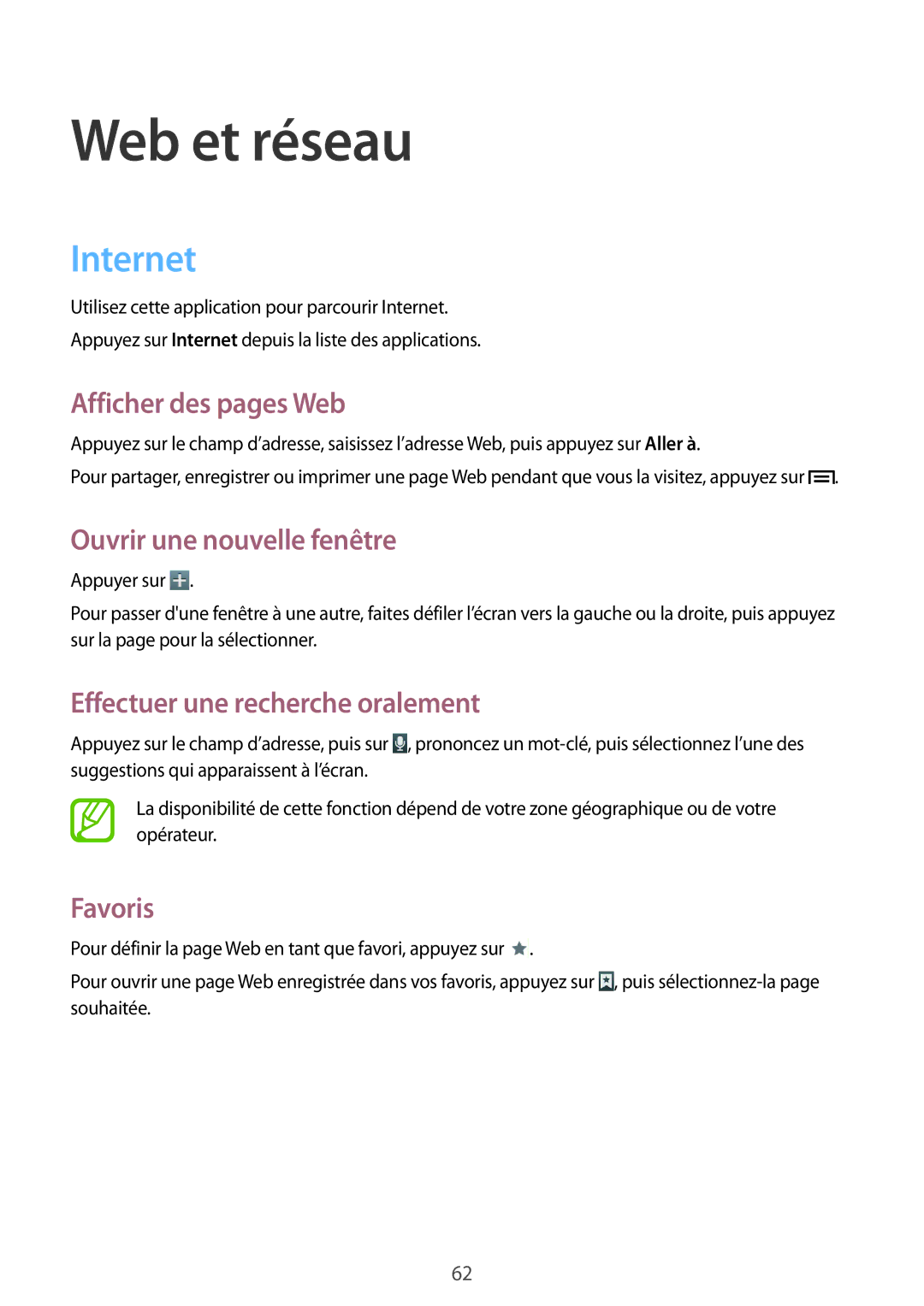 Samsung GT-N5100ZWAXEF Internet, Afficher des pages Web, Ouvrir une nouvelle fenêtre, Effectuer une recherche oralement 