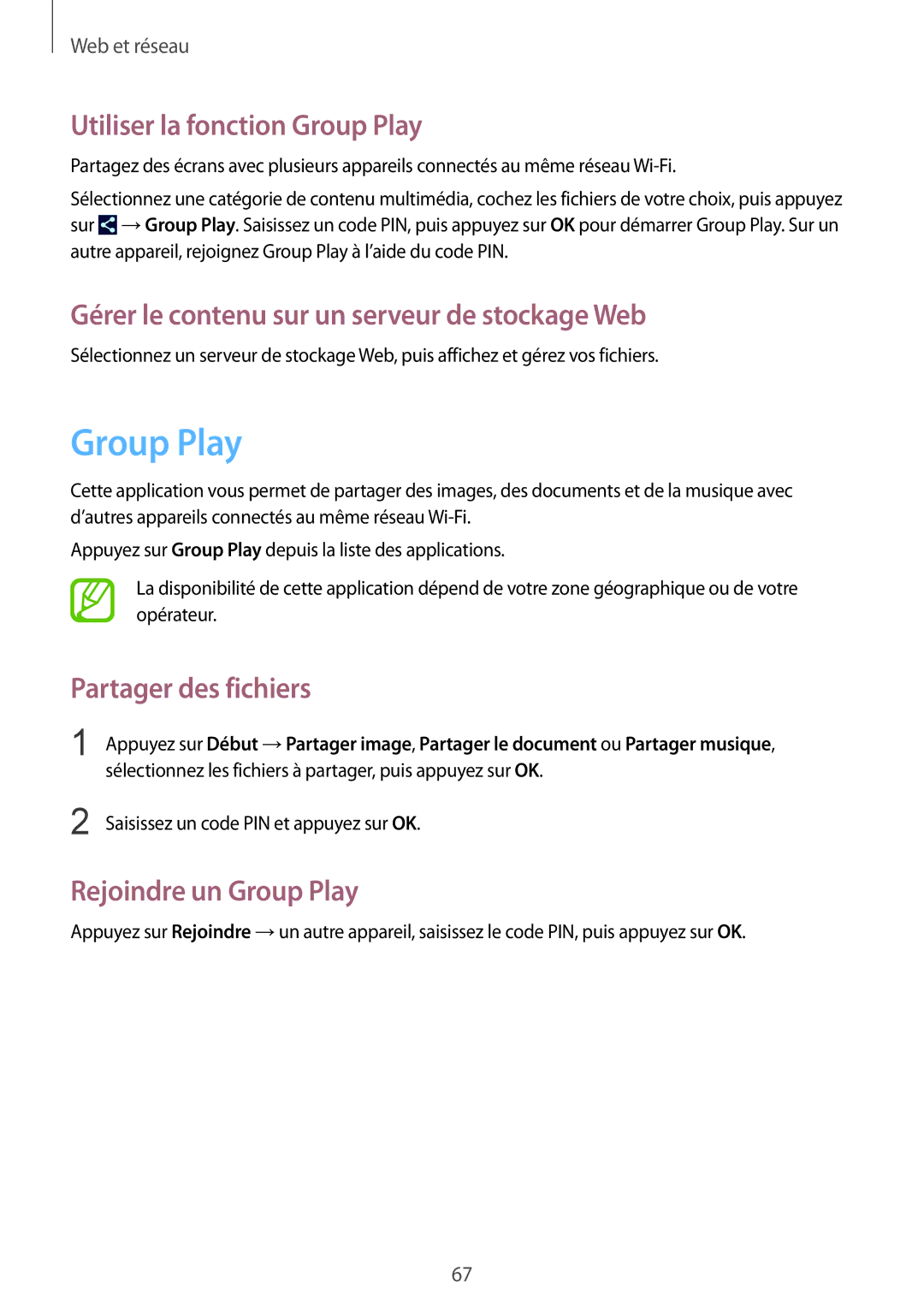 Samsung GT-N5100ZWAXEF manual Utiliser la fonction Group Play, Gérer le contenu sur un serveur de stockage Web 