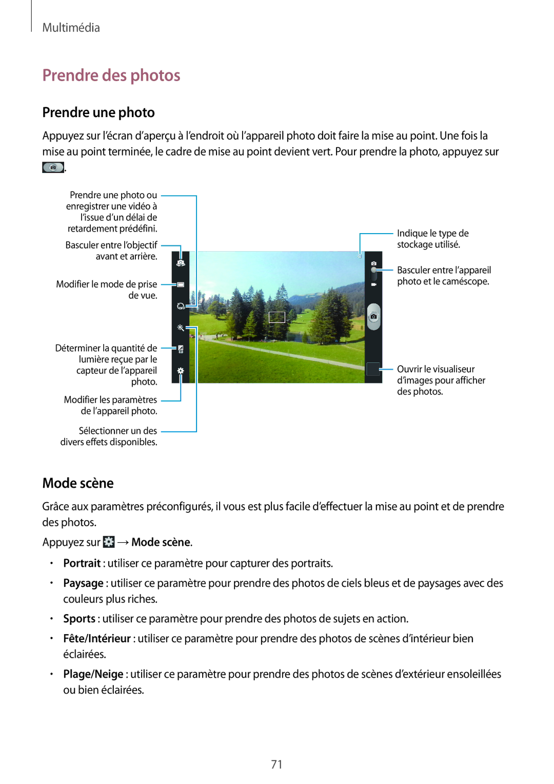 Samsung GT-N5100ZWAXEF manual Prendre des photos, Prendre une photo, Mode scène 