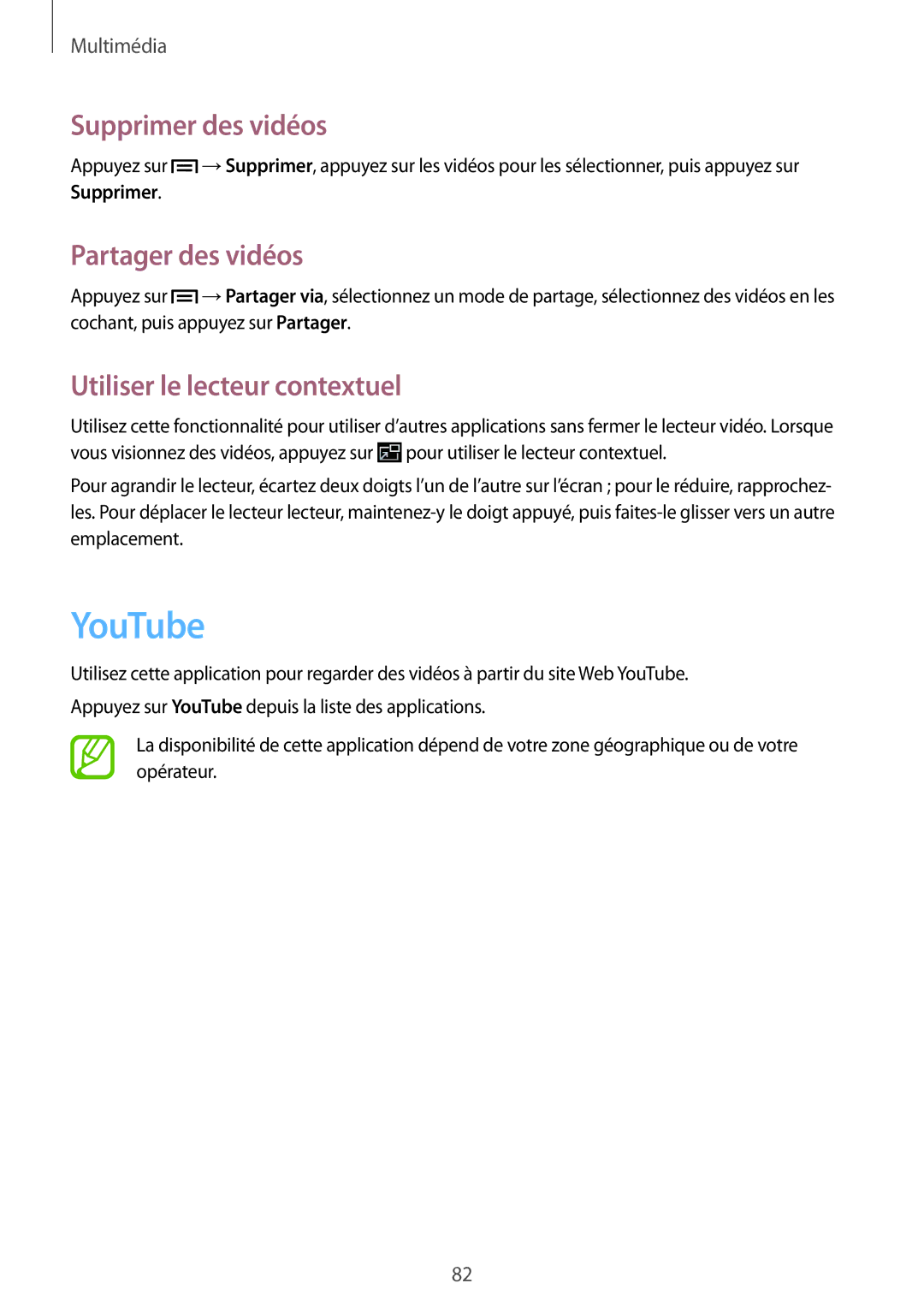 Samsung GT-N5100ZWAXEF manual YouTube, Supprimer des vidéos, Partager des vidéos, Utiliser le lecteur contextuel 