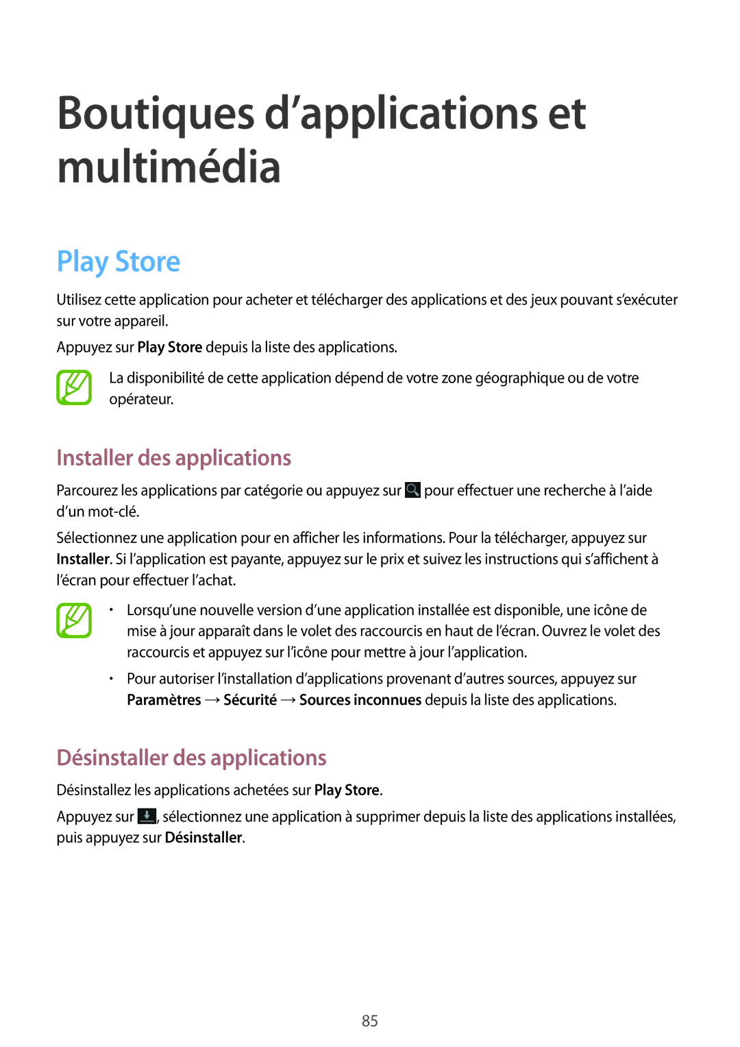 Samsung GT-N5100ZWAXEF manual Boutiques d’applications et multimédia, Play Store 