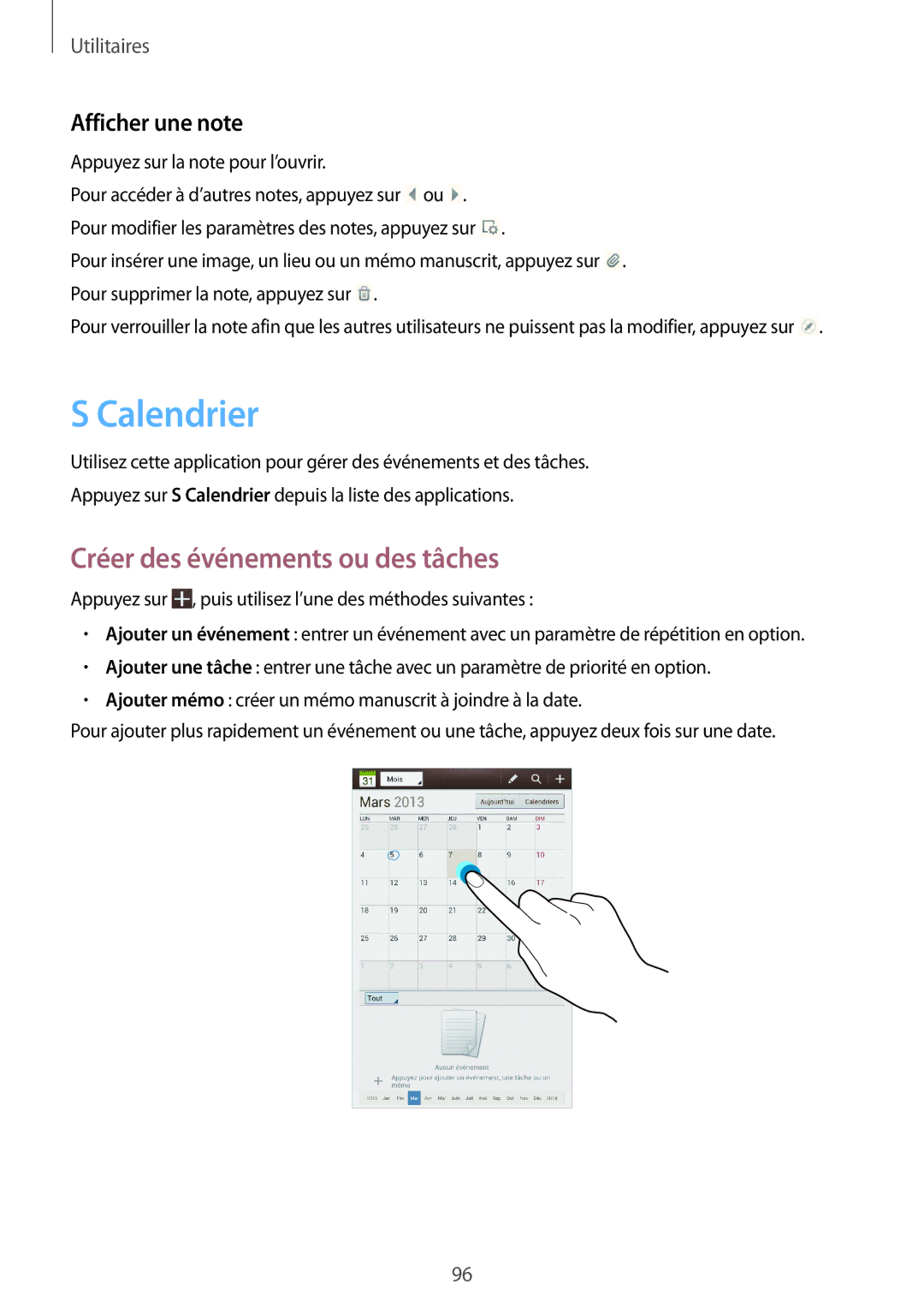 Samsung GT-N5100ZWAXEF manual Calendrier, Créer des événements ou des tâches 