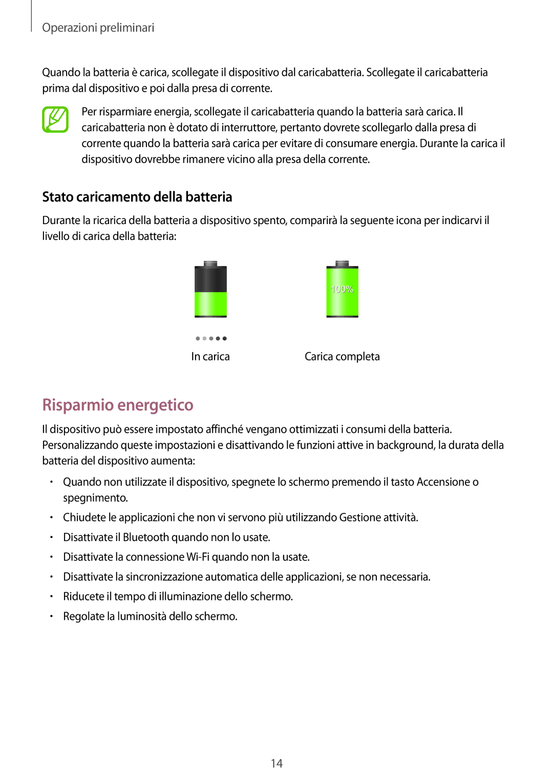 Samsung GT-N5100ZWAITV, GT-N5100ZWAXEO, GT-N5100ZWATIM manual Risparmio energetico, Stato caricamento della batteria 