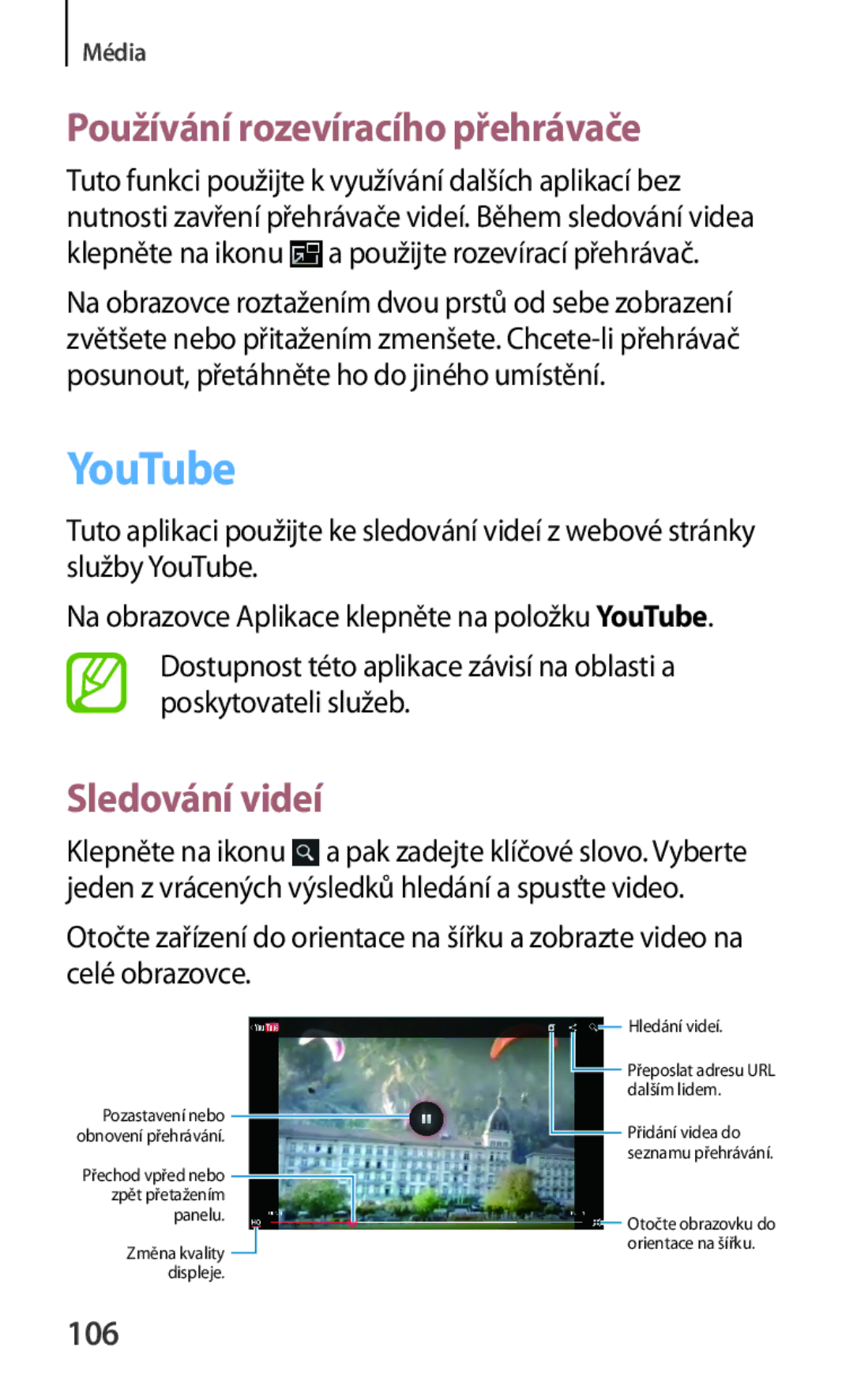 Samsung GT-N5100NKAATO, GT-N5100ZWAXSK, GT-N5100ZWAXEZ YouTube, Používání rozevíracího přehrávače, Sledování videí, 106 