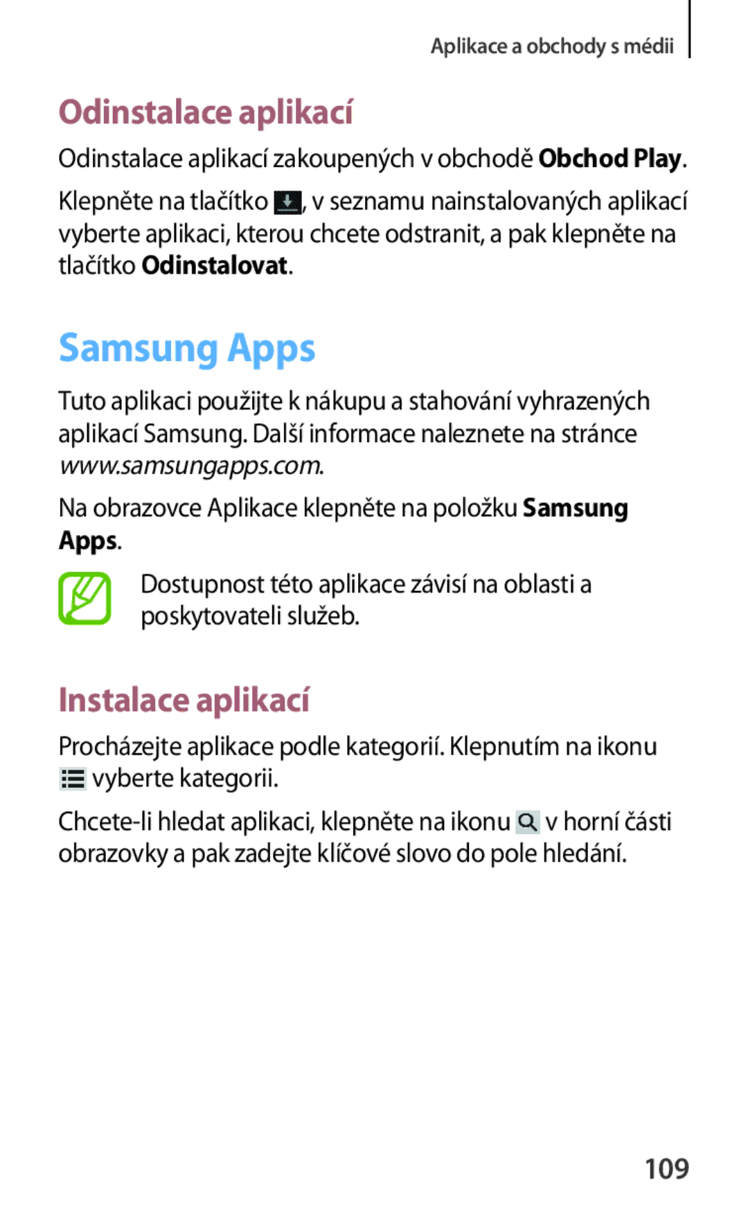 Samsung GT-N5100NKAATO, GT-N5100ZWAXSK 109, Na obrazovce Aplikace klepněte na položku Samsung Apps, Vyberte kategorii 