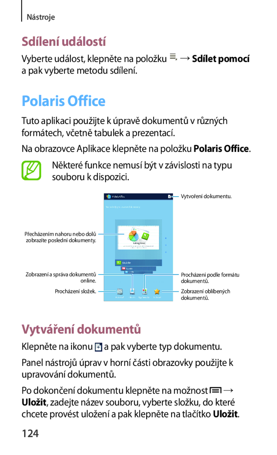 Samsung GT-N5100NKAATO, GT-N5100ZWAXSK, GT-N5100ZWAXEZ manual Polaris Office, Sdílení událostí, Vytváření dokumentů, 124 