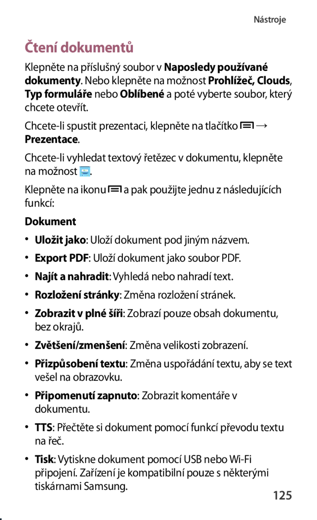 Samsung GT-N5100ZWAXEZ Čtení dokumentů, Dokument, Připomenutí zapnuto Zobrazit komentáře v dokumentu, Tiskárnami Samsung 