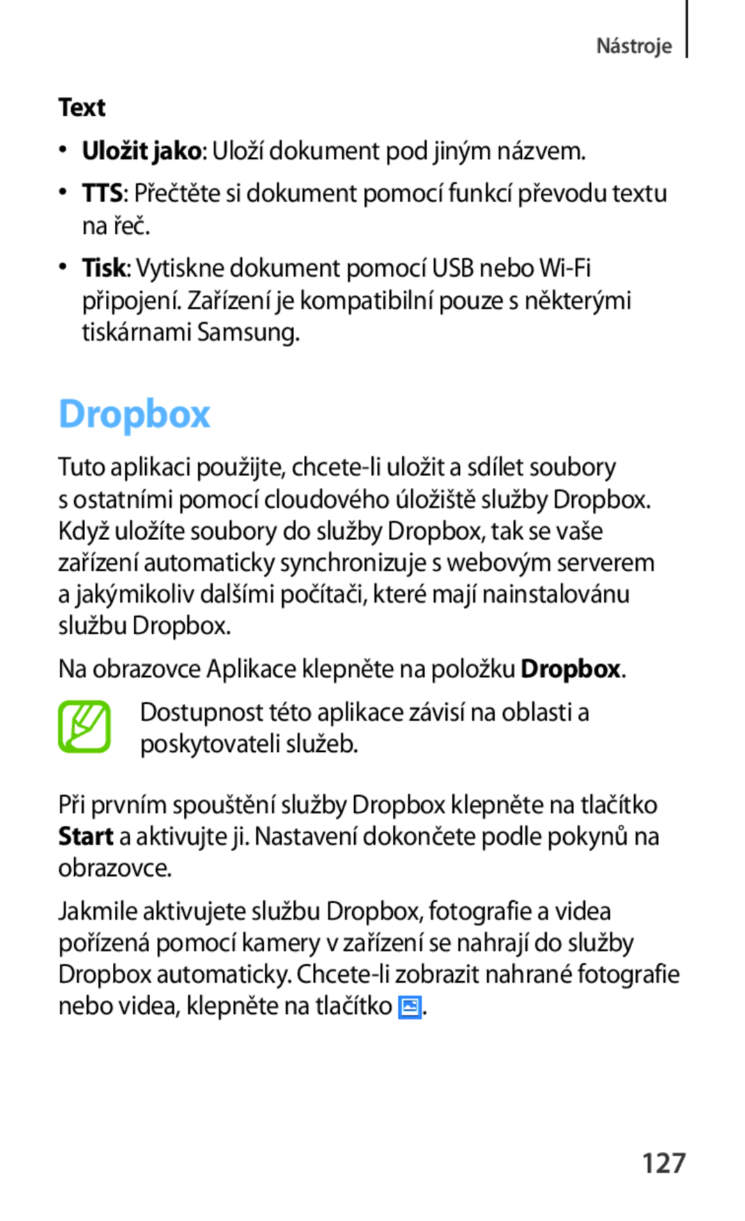 Samsung GT-N5100NKAATO, GT-N5100ZWAXSK manual Dropbox, 127, Text, Tuto aplikaci použijte, chcete-li uložit a sdílet soubory 