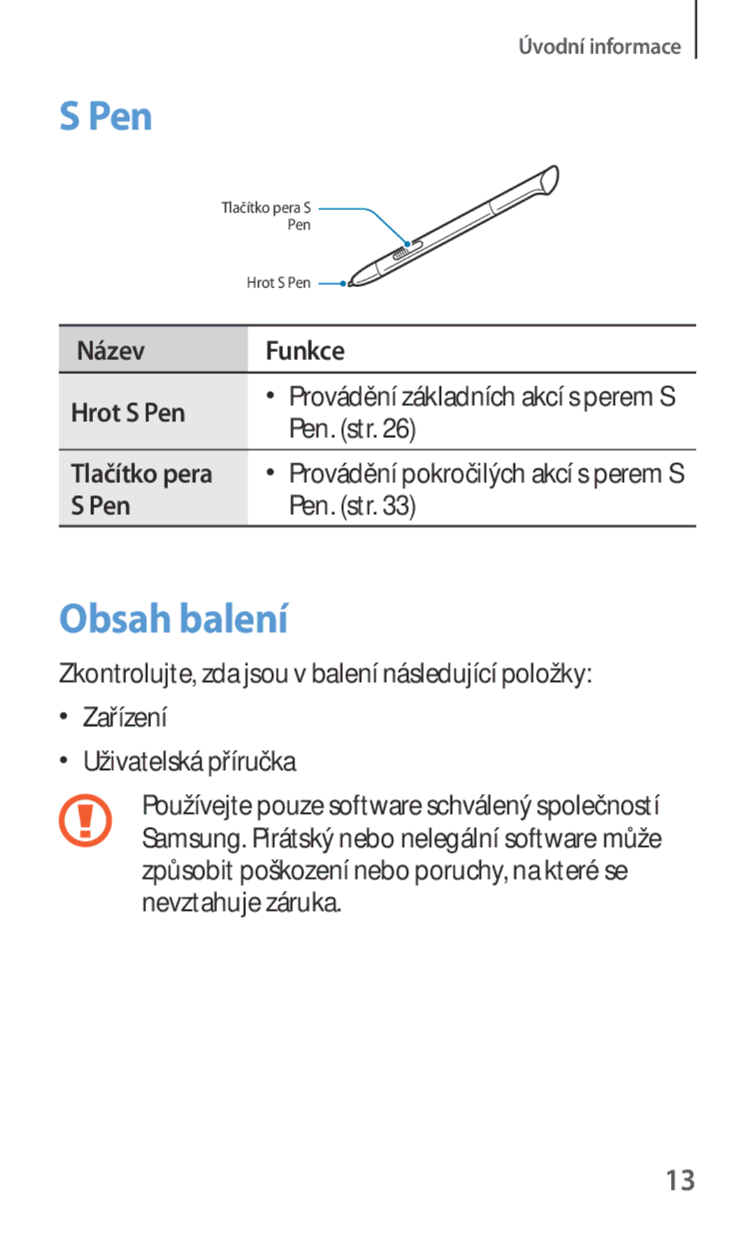 Samsung GT-N5100NKAATO, GT-N5100ZWAXSK, GT-N5100ZWAXEZ manual Obsah balení, Název Funkce, Pen Pen. str 