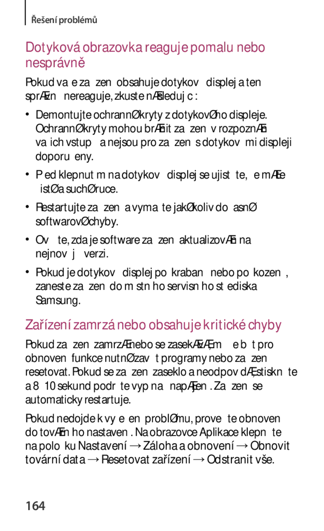 Samsung GT-N5100ZWAXEZ, GT-N5100ZWAXSK, GT-N5100NKAATO manual Dotyková obrazovka reaguje pomalu nebo nesprávně, 164 