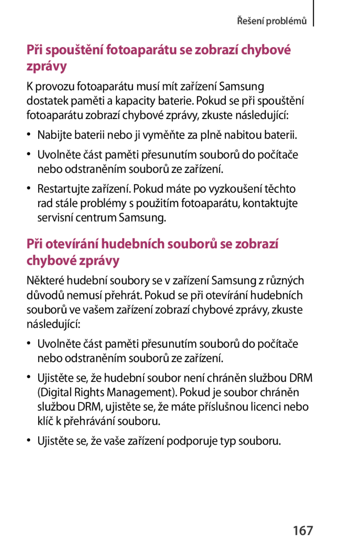 Samsung GT-N5100ZWAXEZ, GT-N5100ZWAXSK, GT-N5100NKAATO manual Při spouštění fotoaparátu se zobrazí chybové zprávy, 167 