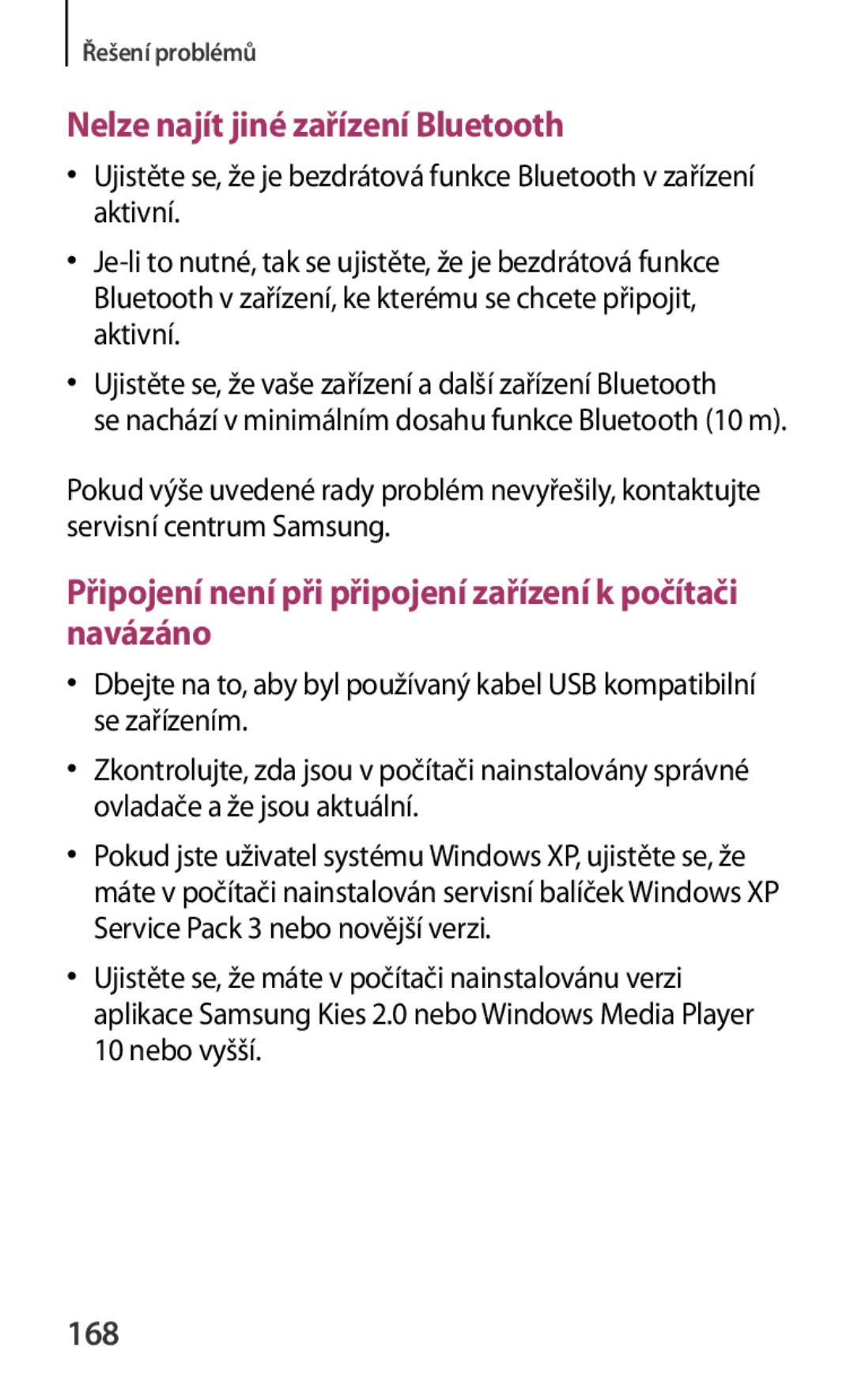 Samsung GT-N5100ZWAXSK, GT-N5100NKAATO, GT-N5100ZWAXEZ manual Nelze najít jiné zařízení Bluetooth, 168 