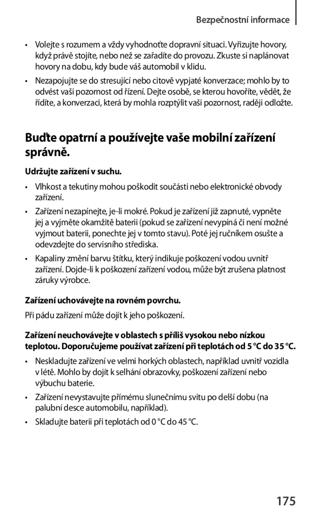 Samsung GT-N5100NKAATO manual Buďte opatrní a používejte vaše mobilní zařízení správně, 175, Udržujte zařízení v suchu 