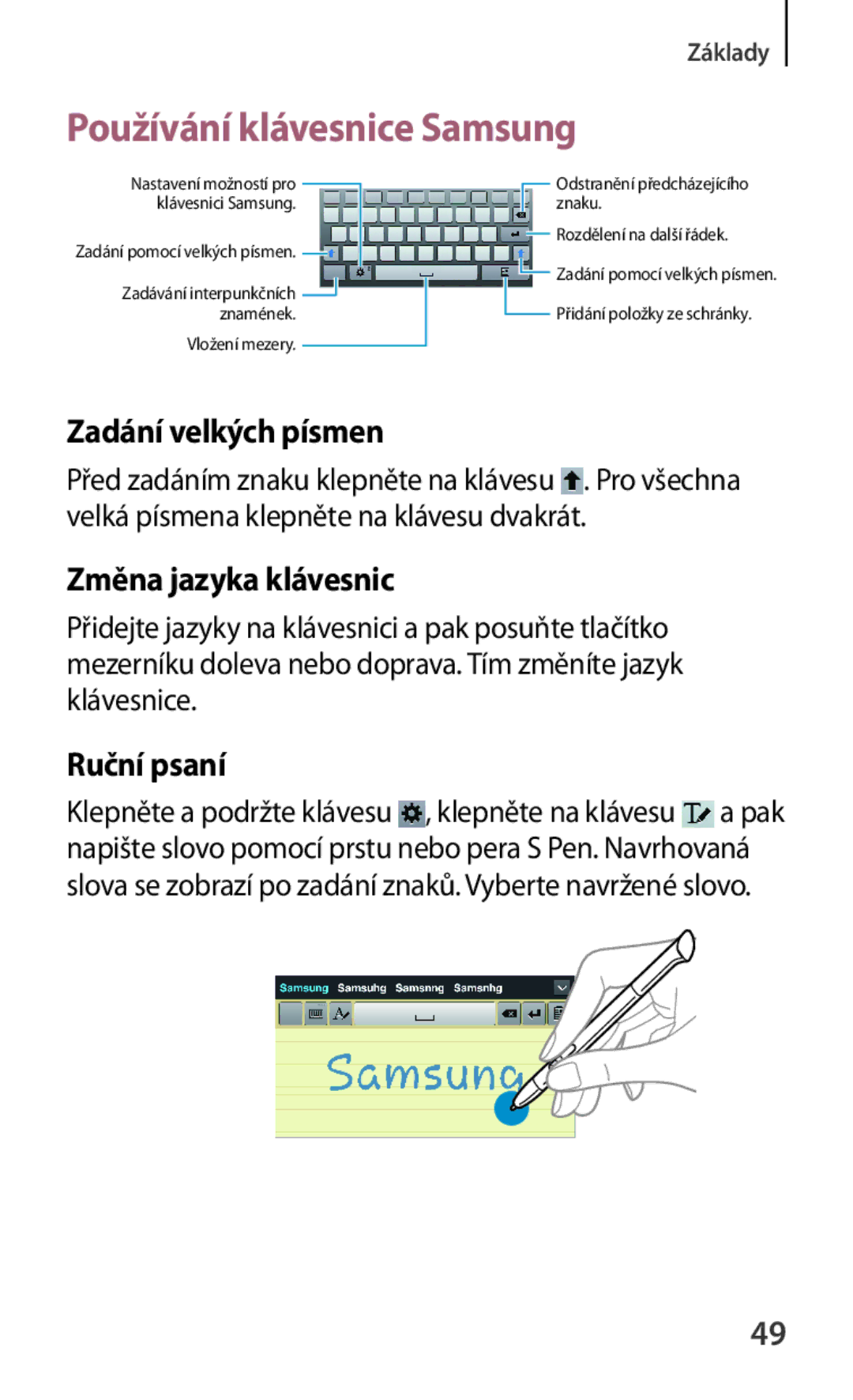 Samsung GT-N5100NKAATO manual Používání klávesnice Samsung, Zadání velkých písmen, Změna jazyka klávesnic, Ruční psaní 