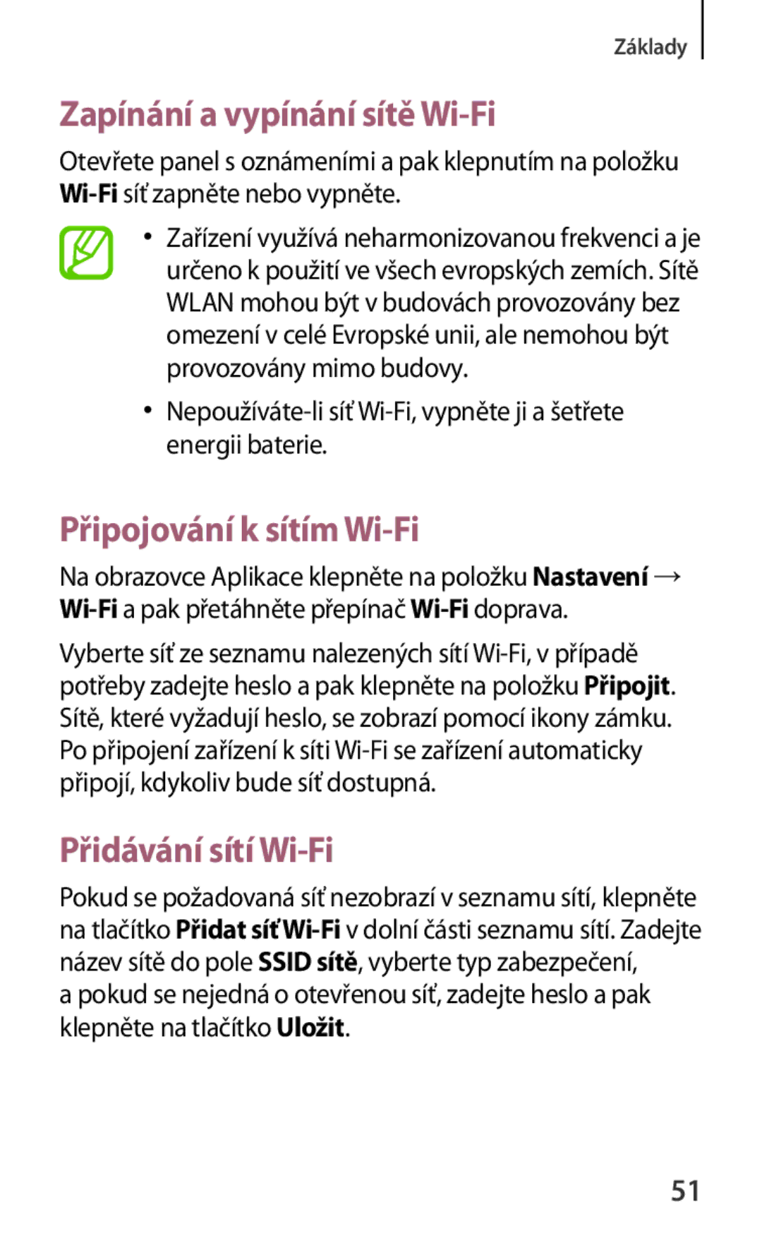 Samsung GT-N5100ZWAXSK, GT-N5100NKAATO Zapínání a vypínání sítě Wi-Fi, Připojování k sítím Wi-Fi, Přidávání sítí Wi-Fi 