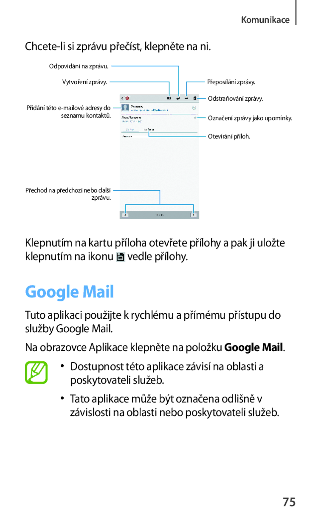 Samsung GT-N5100ZWAXSK, GT-N5100NKAATO, GT-N5100ZWAXEZ manual Google Mail, Chcete-li si zprávu přečíst, klepněte na ni 