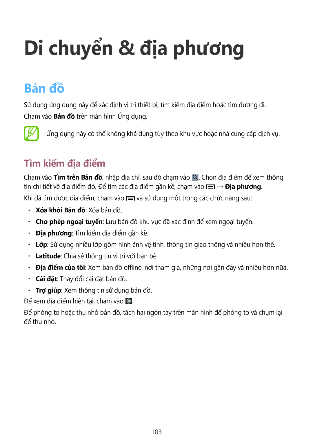 Samsung GT-N5100ZWAXXV manual Di chuyển & địa phương, Bản đồ, Tìm kiếm địa điểm, Xoa khoi Ban đô Xóa bản đồ 