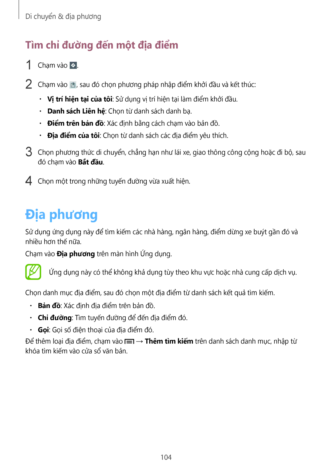 Samsung GT-N5100ZWAXXV manual Đia phương, Tìm chỉ đường đến một địa điểm 