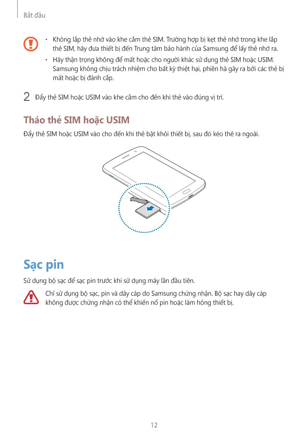 Samsung GT-N5100ZWAXXV manual Sạc pin, Tháo thẻ SIM hoặc Usim 