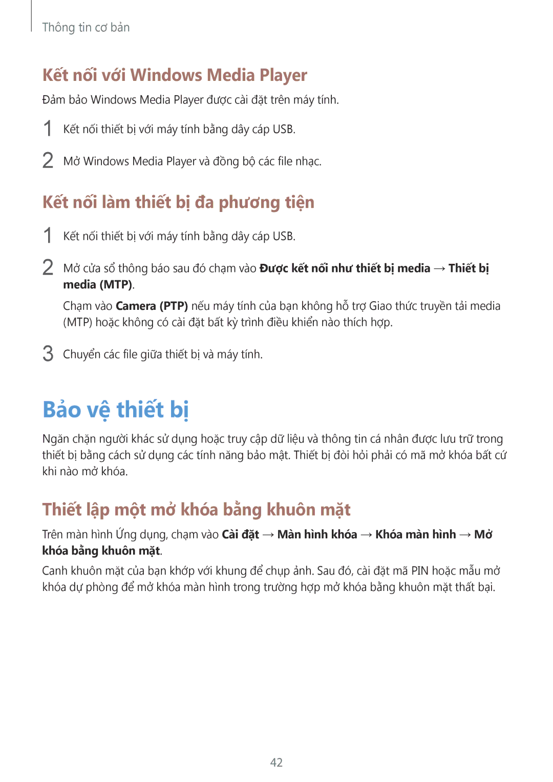 Samsung GT-N5100ZWAXXV manual Bảo vệ thiết bị, Kết nối với Windows Media Player, Kết nối làm thiết bị đa phương tiện 