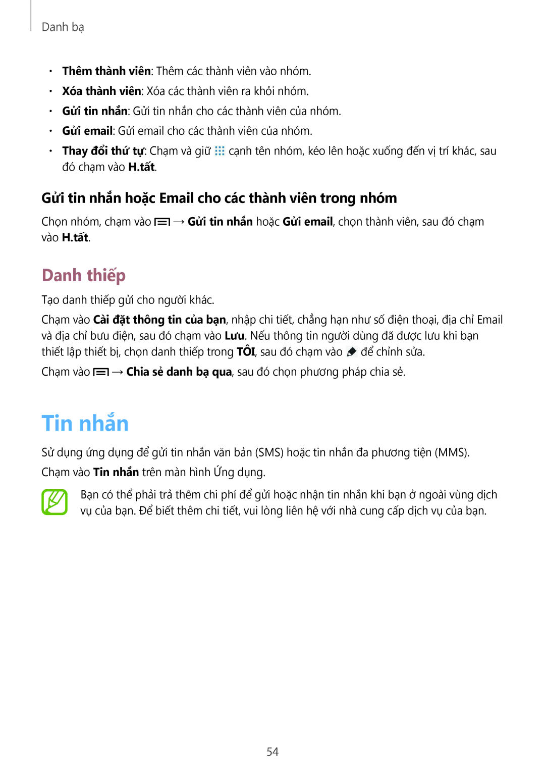 Samsung GT-N5100ZWAXXV manual Tin nhắn, Danh thiêp, Gửi tin nhắn hoặc Email cho các thành viên trong nhóm 