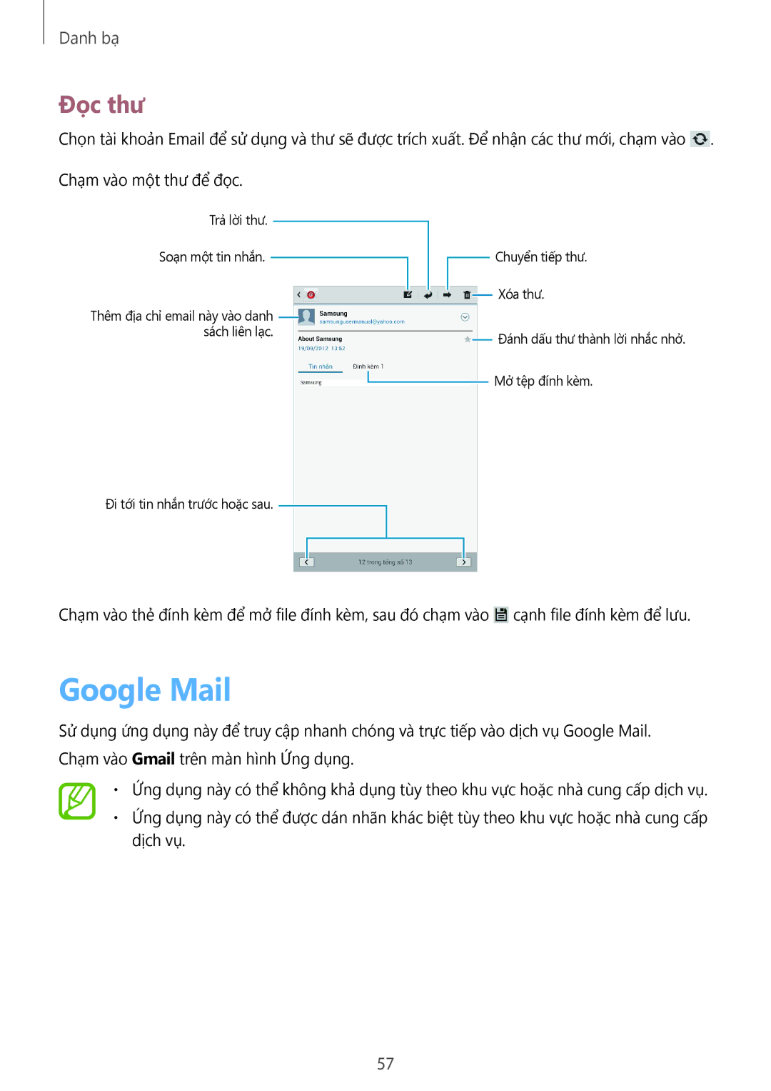 Samsung GT-N5100ZWAXXV manual Google Mail, Đọc thư 