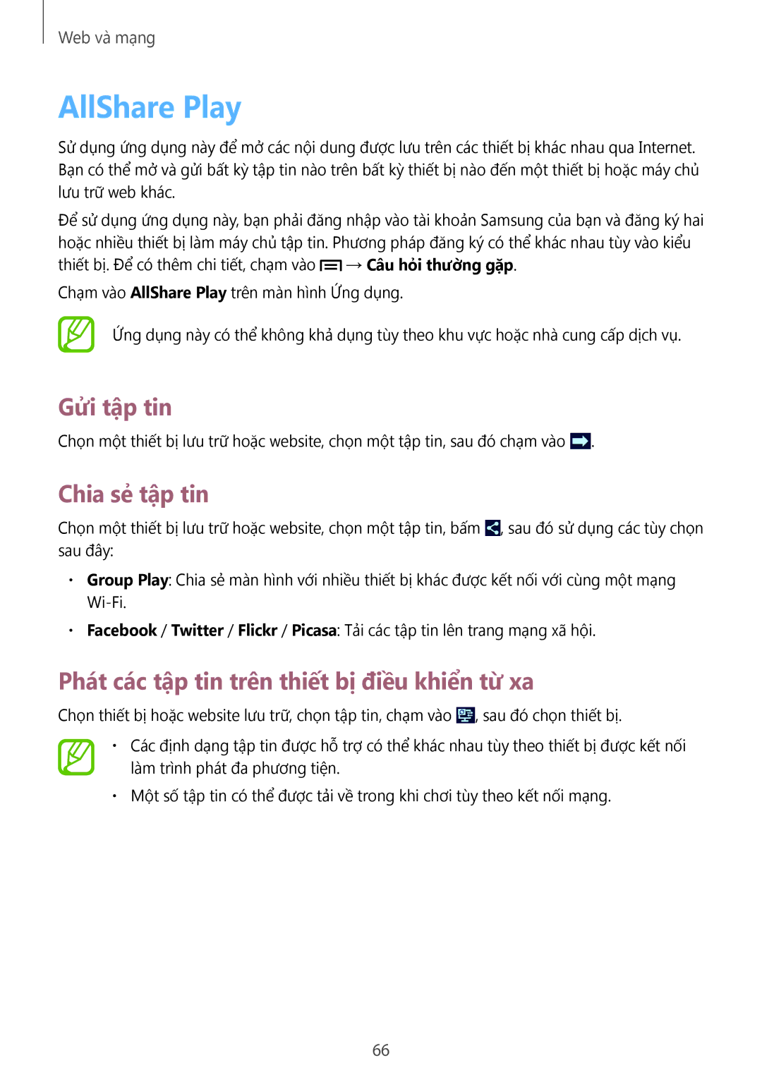 Samsung GT-N5100ZWAXXV manual AllShare Play, Gửi tập tin, Chia sẻ tập tin, Phát các tập tin trên thiết bị điều khiển từ xa 
