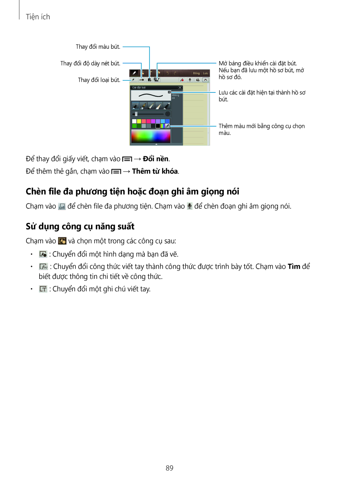 Samsung GT-N5100ZWAXXV manual Chèn file đa phương tiện hoặc đoạn ghi âm giọng nói, Sử dụng công cụ năng suất 