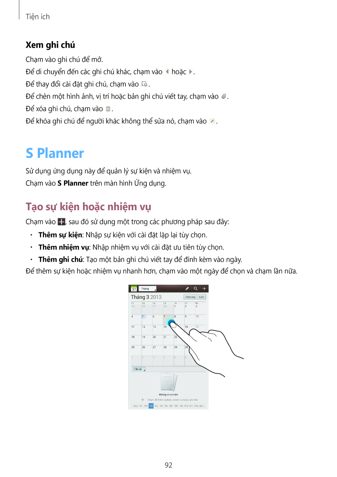 Samsung GT-N5100ZWAXXV manual Planner, Tạo sự kiện hoặc nhiệm vụ 