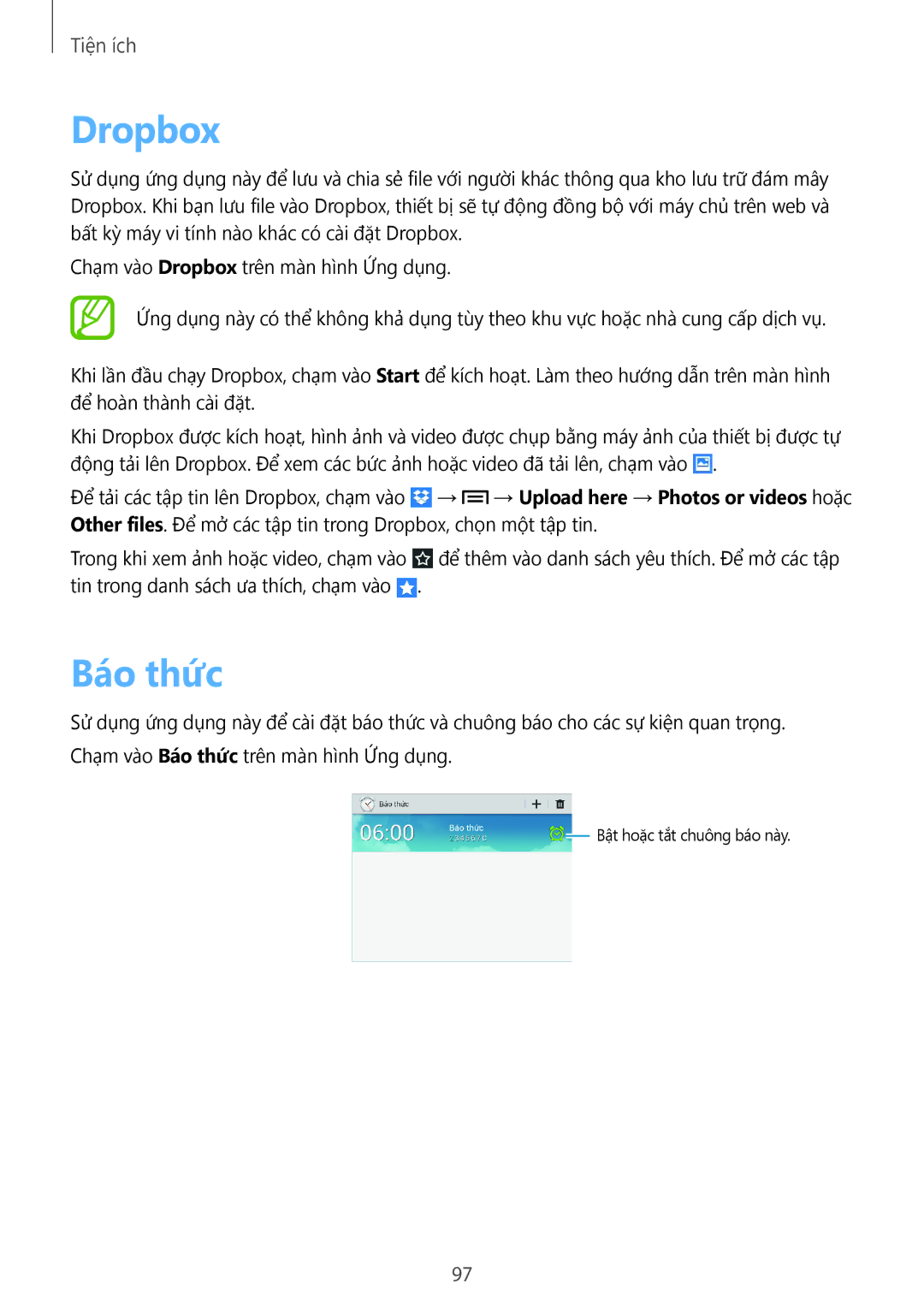 Samsung GT-N5100ZWAXXV manual Dropbox, Báo thức 