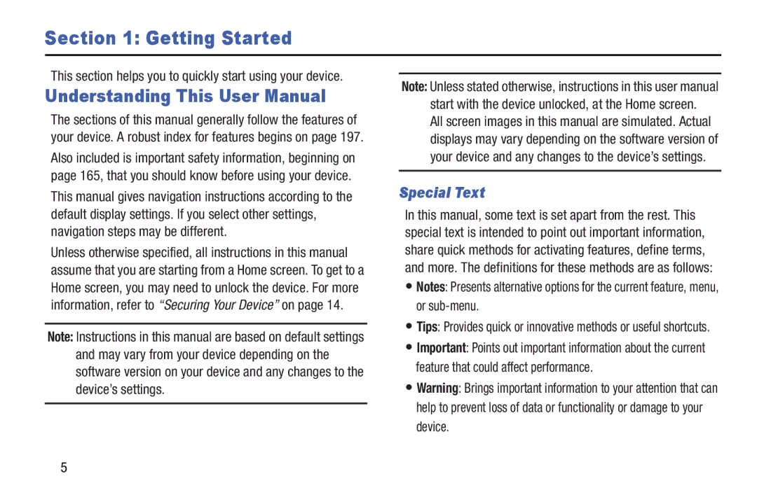 Samsung GT-N5110 user manual Getting Started, Special Text 