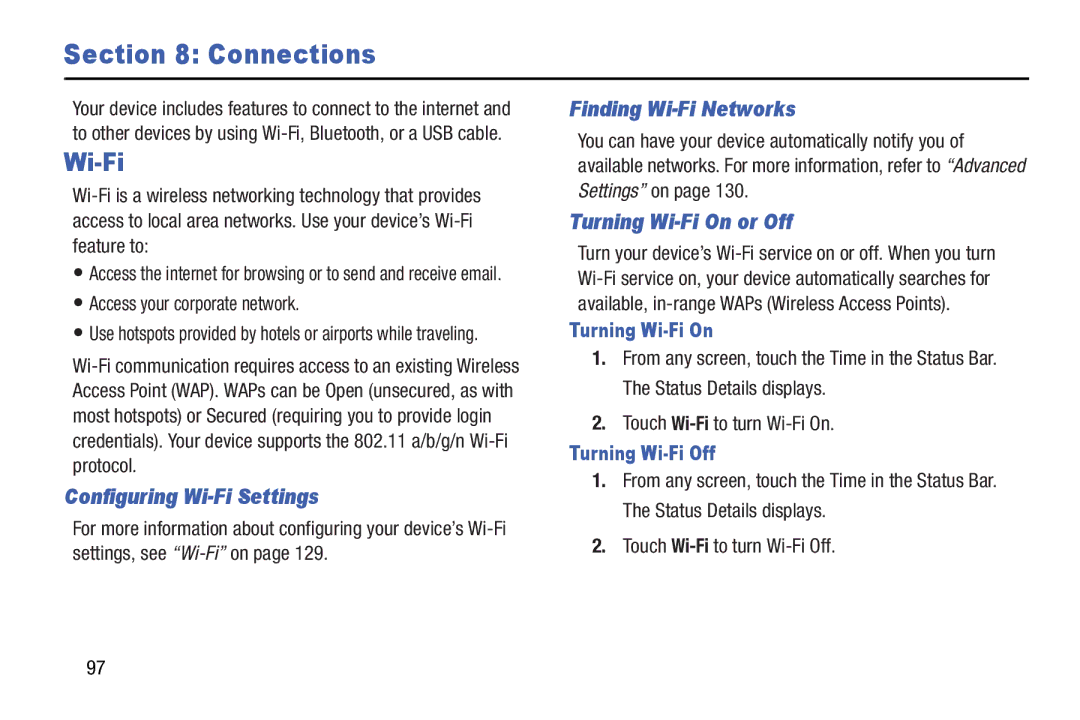 Samsung GT-N5110 user manual Connections, Configuring Wi-Fi Settings, Finding Wi-Fi Networks, Turning Wi-Fi On or Off 