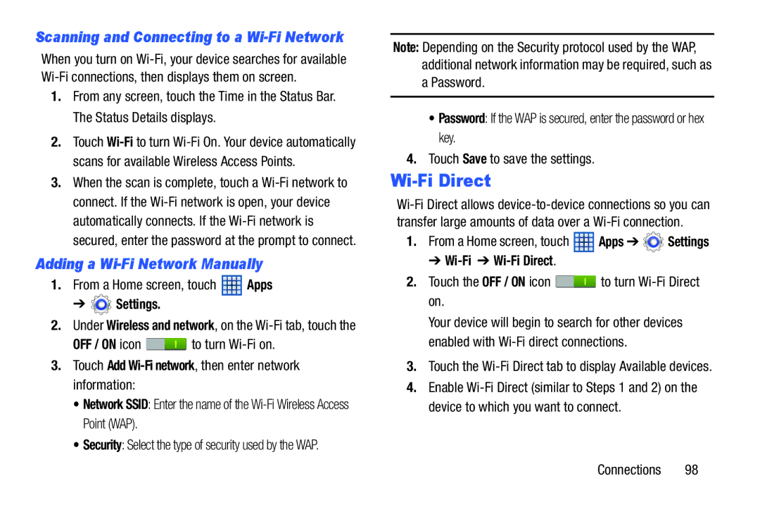 Samsung GT-N5110 user manual Adding a Wi-Fi Network Manually, Settings, Wi-Fi Wi-Fi Direct 