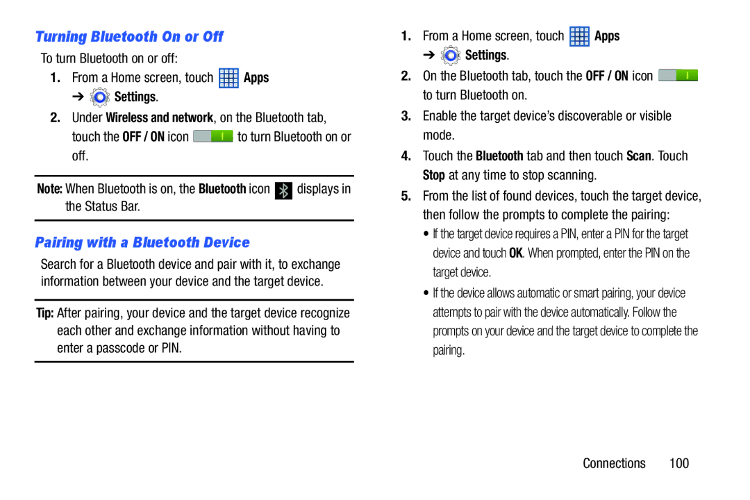 Samsung GT-N5110 user manual Turning Bluetooth On or Off, Pairing with a Bluetooth Device, Status Bar 