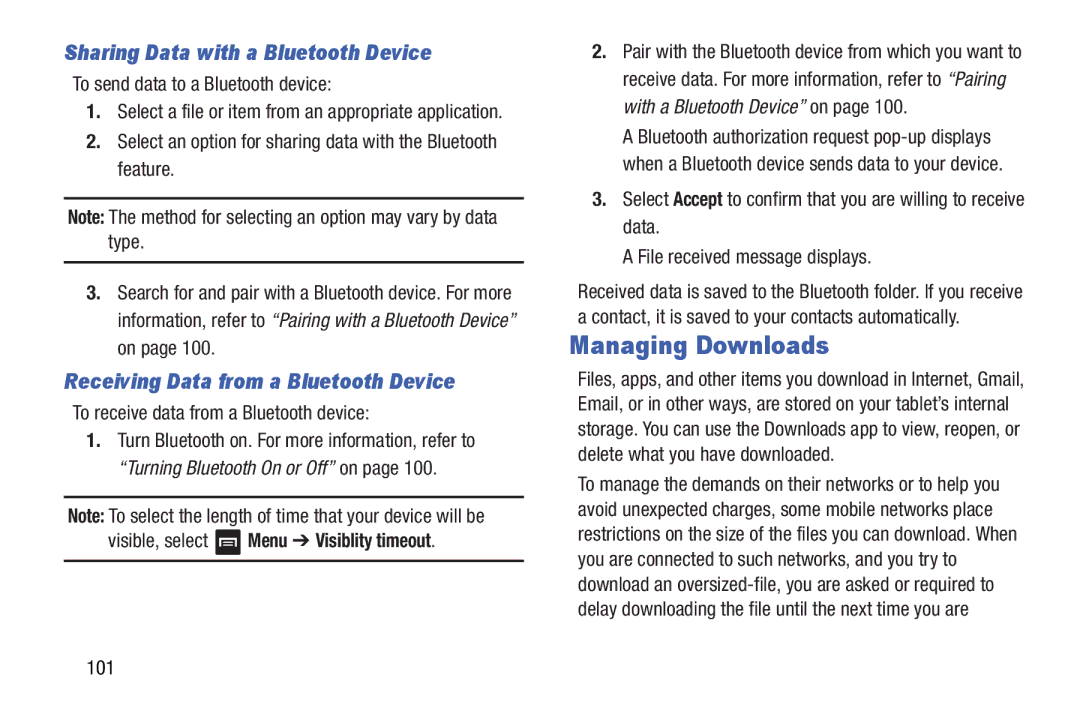 Samsung GT-N5110 Managing Downloads, Sharing Data with a Bluetooth Device, Receiving Data from a Bluetooth Device 