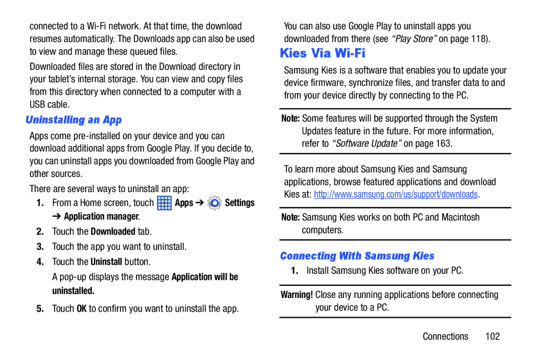 Samsung GT-N5110 user manual Kies Via Wi-Fi, Uninstalling an App, Connecting With Samsung Kies 