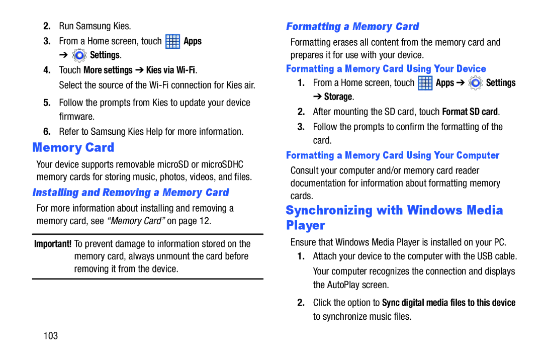 Samsung GT-N5110 Synchronizing with Windows Media Player, Installing and Removing a Memory Card, Formatting a Memory Card 