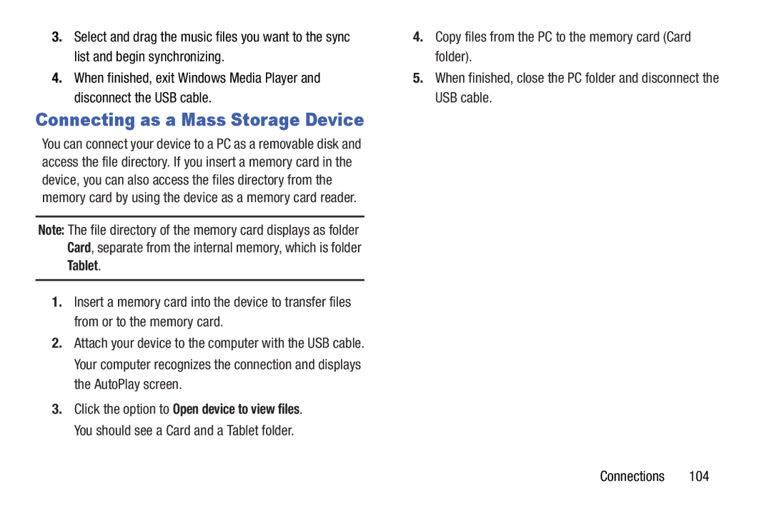 Samsung GT-N5110 user manual Connecting as a Mass Storage Device 