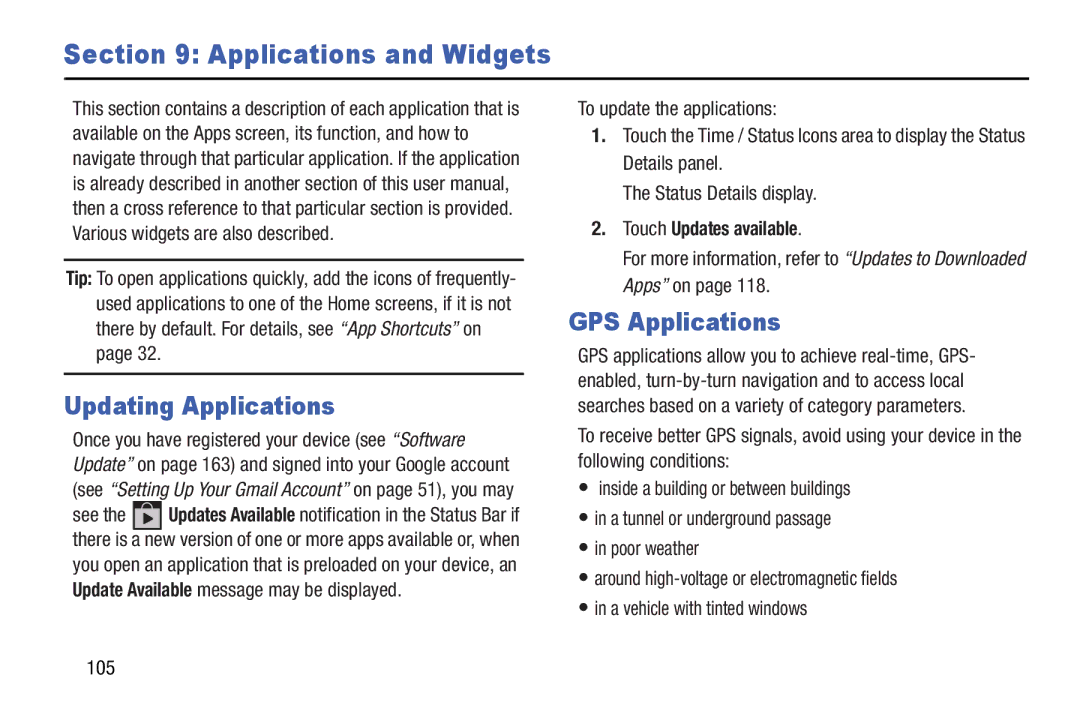 Samsung GT-N5110 user manual Applications and Widgets, Updating Applications, GPS Applications, Touch Updates available 