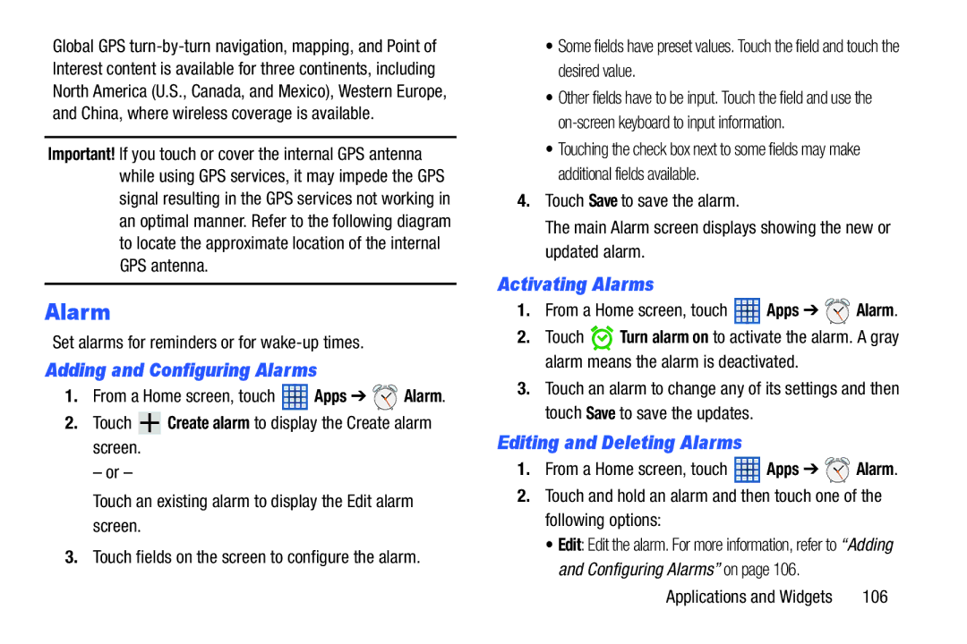 Samsung GT-N5110 user manual Adding and Configuring Alarms, Activating Alarms, Editing and Deleting Alarms 