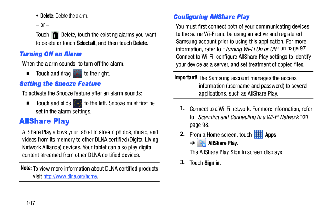 Samsung GT-N5110 user manual Turning Off an Alarm, Setting the Snooze Feature, Configuring AllShare Play 