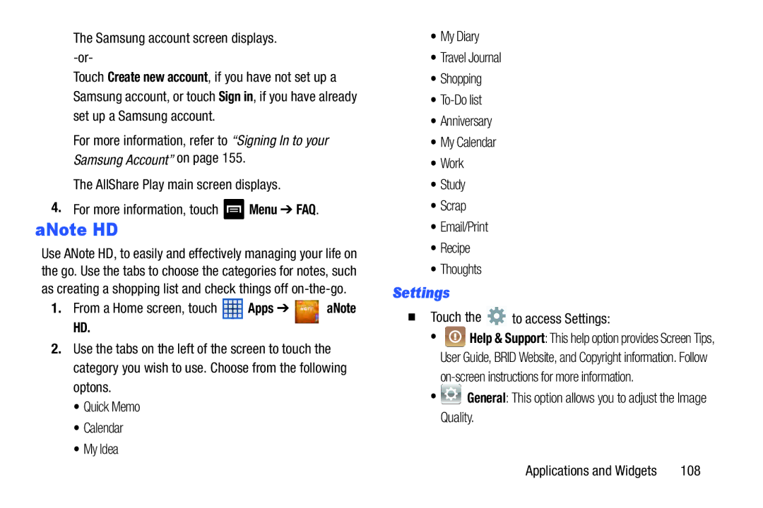 Samsung GT-N5110 user manual ANote HD, Settings, From a Home screen, touch Apps 